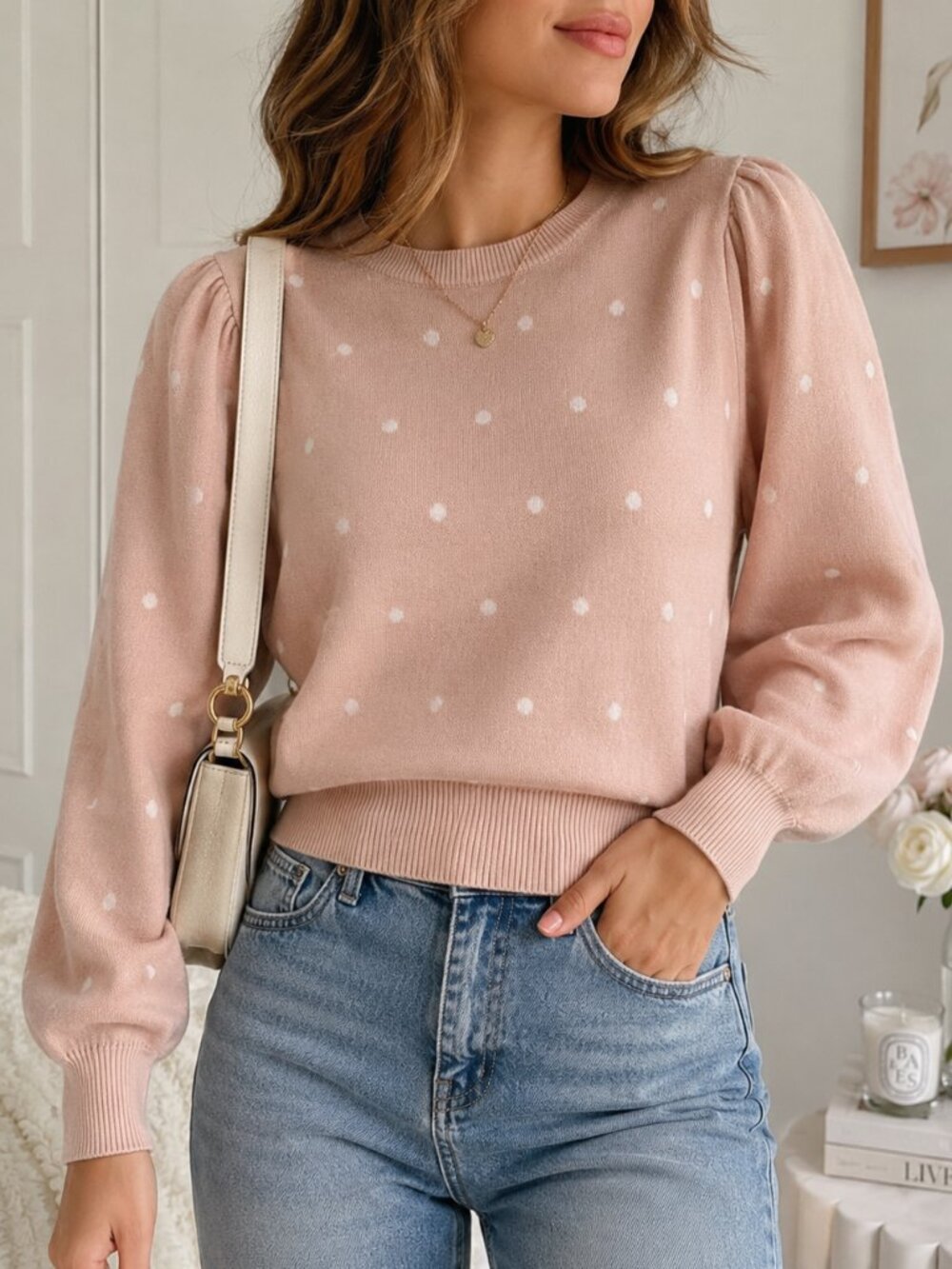 Adrianna Papell Blush Pink Polka Dot Puff Sleeve Sweater Size M